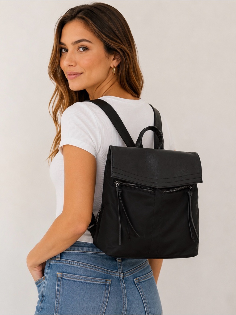 Botkier Black Faux Leather Fold-Top Backpack